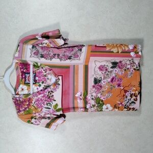 04195 Johnny Was orange, red & green v-neck S/S knit top XS